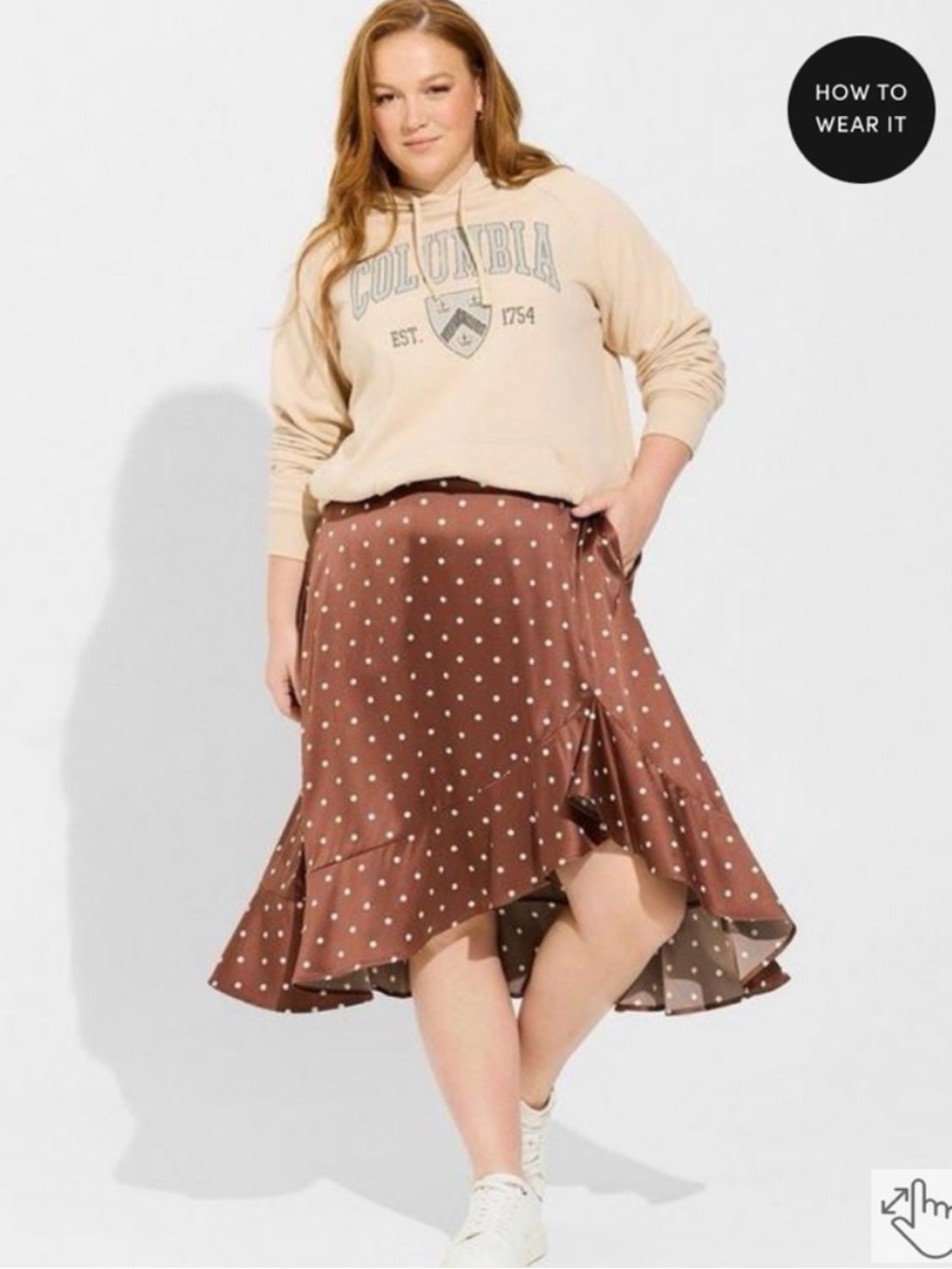 Polka Dot Ruffle Hem Midi Skirt - Brown